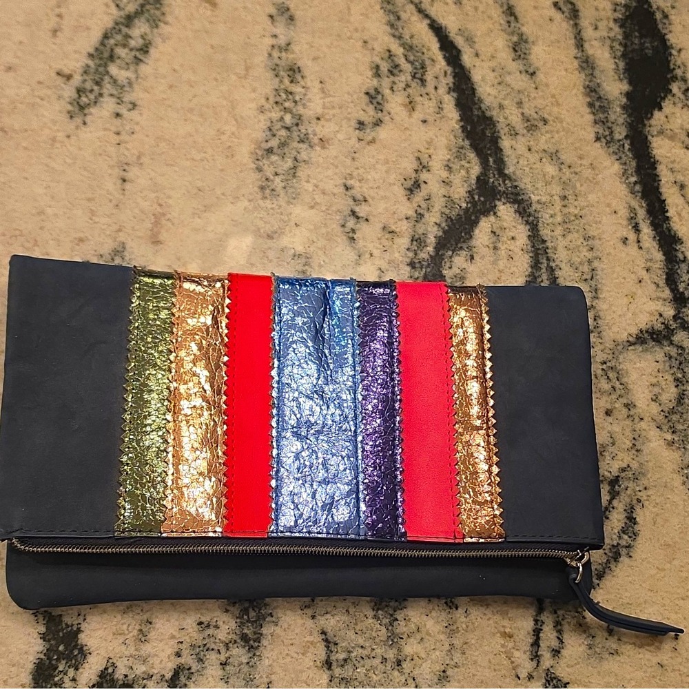 Stella & Dot Navy Blue Suede Leather Foldover Clutch Metallic Striped Purse
